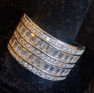 Sterling Silver Wide Band Ring With Rows Baguette And Round Faux Diamonds 11 1/2